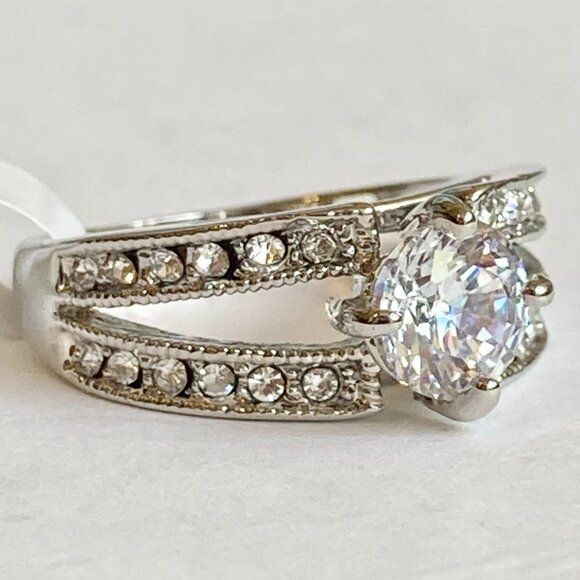 Vintage Silver Cubic Zirconia Cocktail Engagement Ring Size 6 7 8 9 RhodiumPlate - Picture 5 of 15